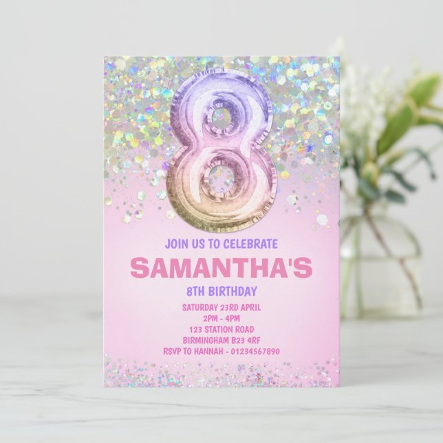 8th Birthday, Rainbow Glitter Birthday Invitation (Standing Front)