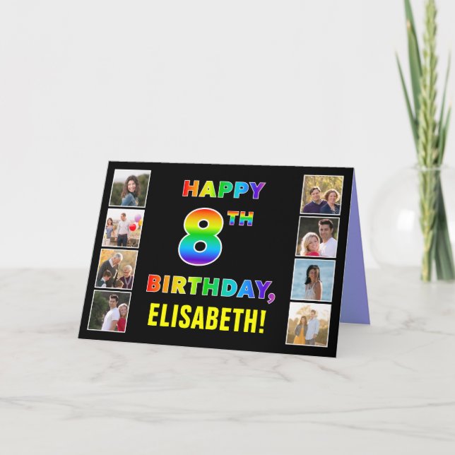 8th Birthday: Rainbow Text, Custom Photos & Name Card (Front)