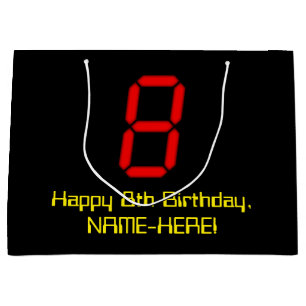 8th Birthday: Red Digital Clock Style "8" + Name Large Gift Bag