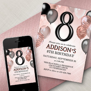 8th Birthday Rose Gold Balloons Invitation