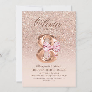 8th Birthday Rose Pink Gold Bow Birthday Party Invitation