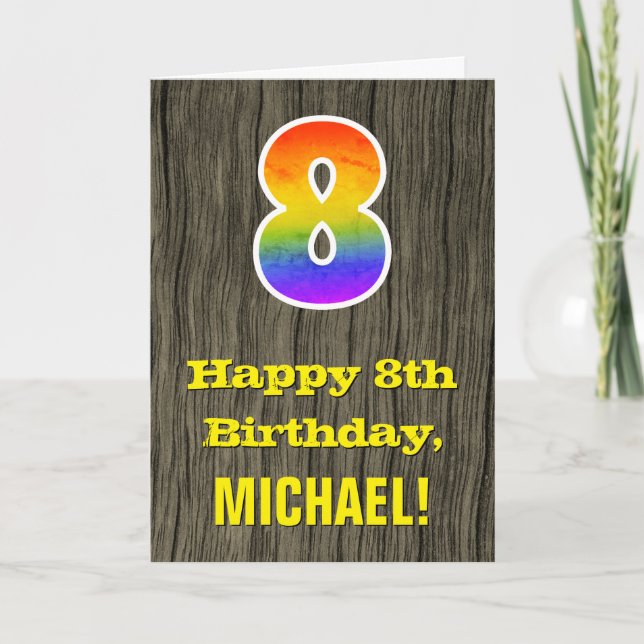 8th Birthday: Rustic Faux Wood Look, Rainbow "8" Card (Front)