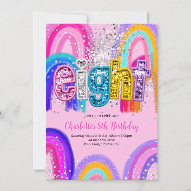 8th Birthday Sequin Rainbow Party Invitation (Front)