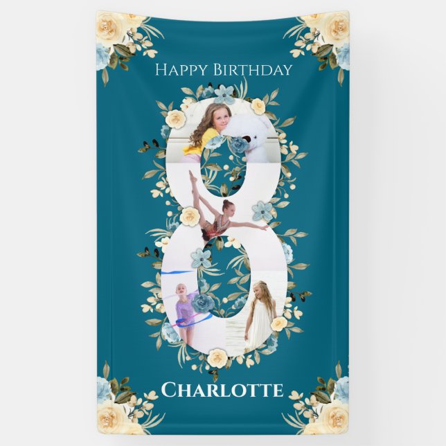 8th Birthday Teal Flower Photo Collage Blue Yellow Banner (Vertical)