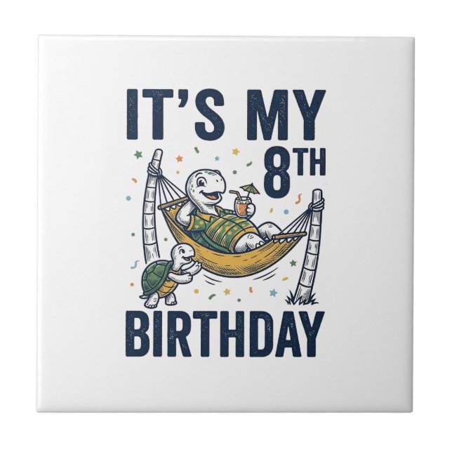 8th Birthday Turtle Hammock Vintage Engraving Desi Tile (Front)