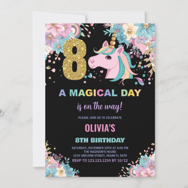 8th Birthday Unicorn Birthday Invitations (Front)