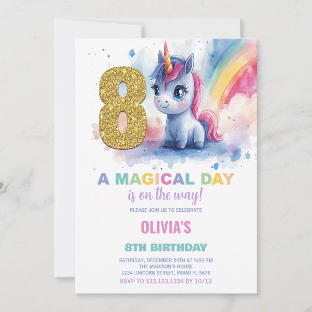 8th Birthday Unicorn Birthday Invitations (Front)