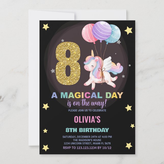 8th Birthday Unicorn Birthday Invitations (Front)