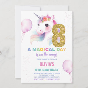 8th Birthday Unicorn Birthday Invitations
