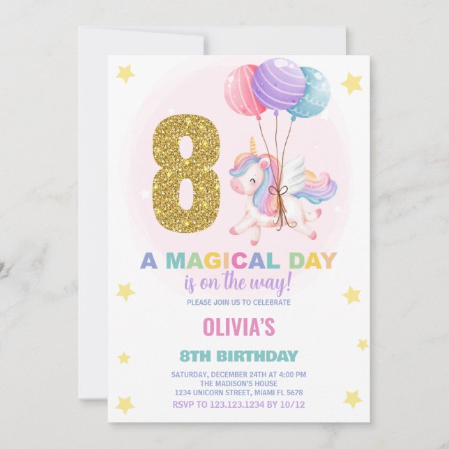 8th Birthday Unicorn Birthday Invitations (Front)