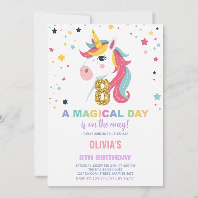8th Birthday Unicorn Birthday Invitations (Front)