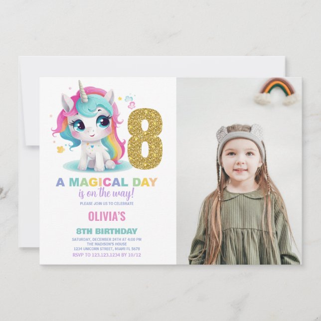 8th Birthday Unicorn Birthday Invitations photo (Front)