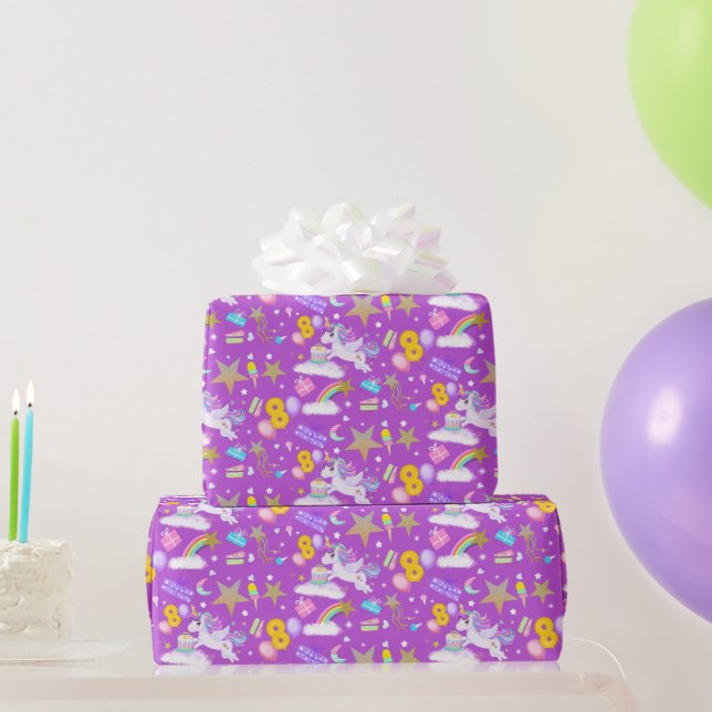 8th Birthday Unicorn Pattern White Wrapping Paper (Party Gifts)