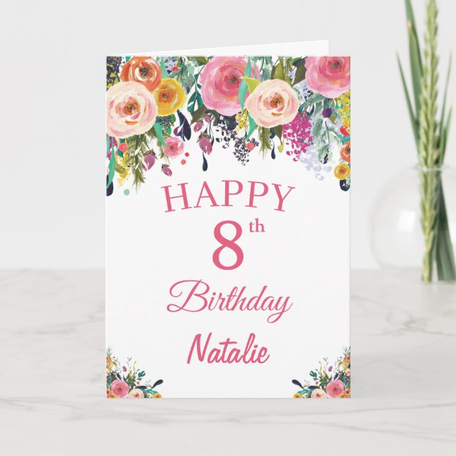 8th Birthday Watercolor Floral Flowers Pink Card (Front)