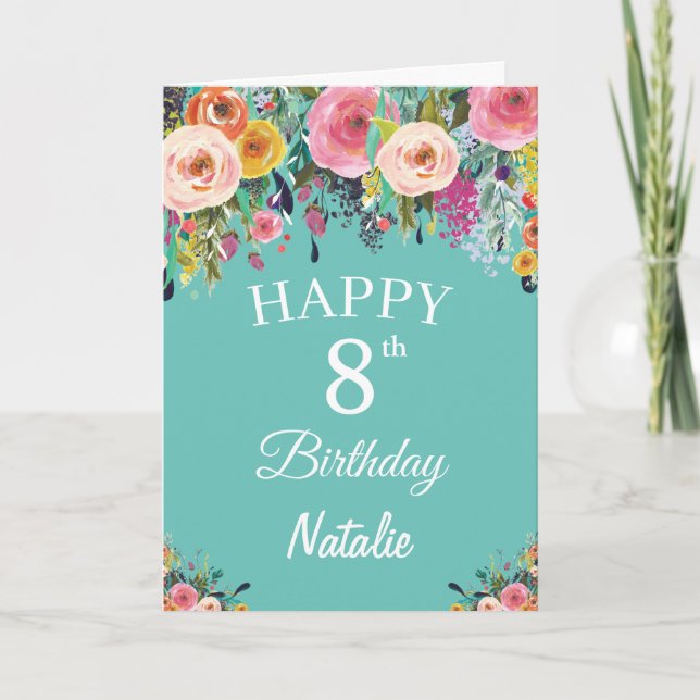 8th Birthday Watercolor Floral Flowers Teal Card (Front)