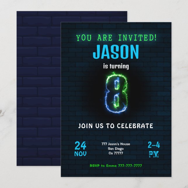 8th Boy Birthday Invitation (Front/Back)