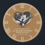 8th Bronze wedding anniversary custom photo heart Large Clock<br><div class="desc">Bronze heart wedding anniversary clock personalise with your own couples photo, year of marriage, and names or relationship to you. The example reads Emily & Matthew Vermeulen 8th Bronze Wedding Anniversary and your marriage and current date. Other matching eight years married wedding anniversary heart gifts and cards are available. Precious...</div>