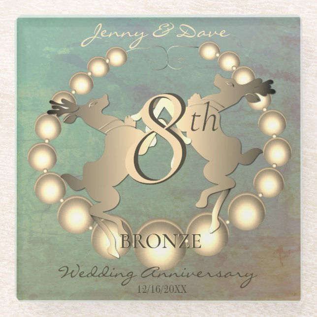 8th Bronze Wedding Anniversary Reindeer Glass Coaster (Front)