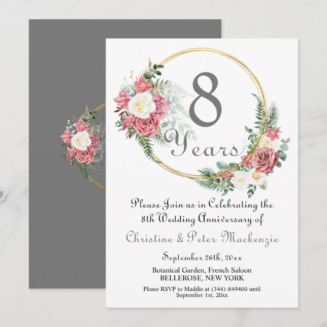 8th Bronze Wedding Anniversary Roses Gold Frame Invitation (Front/Back)