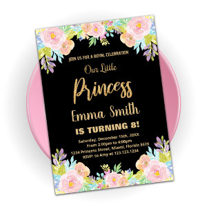 8th Floral Glitter Princess Birthday Invitations