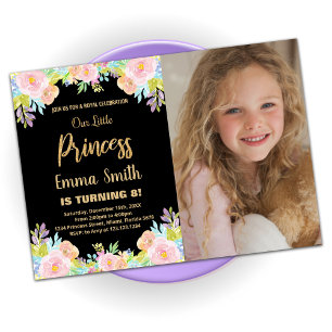 8th Floral Glitter Princess Birthday With Photo Invitation