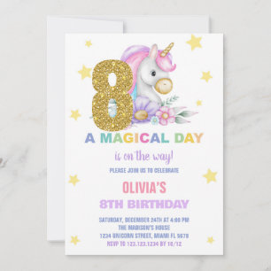 8th Floral Unicorn Birthday Invitations