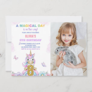 8th Floral Unicorn Birthday Invitations with photo