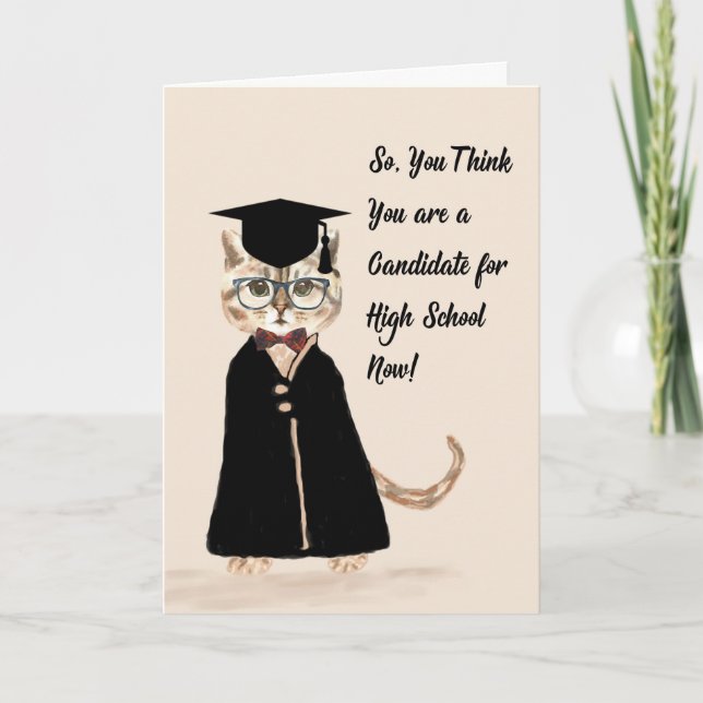 8th Grade Graduation Card, Cat, Grad Gown, Cap Card (Front)