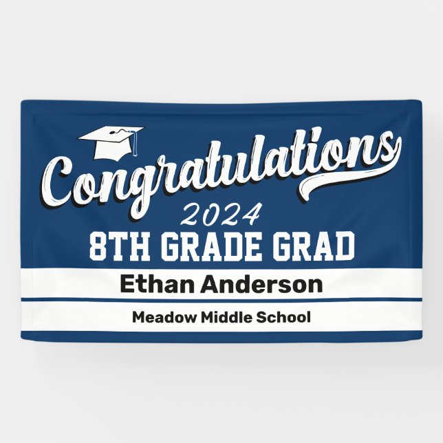 8th Grade Graduation Dark Blue and White Banner (Horizontal)