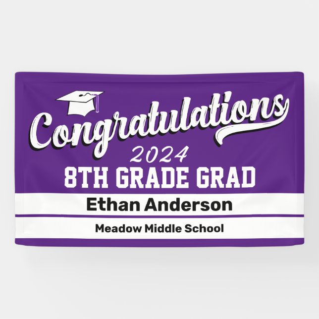 8th Grade Graduation Purple and White Banner (Horizontal)