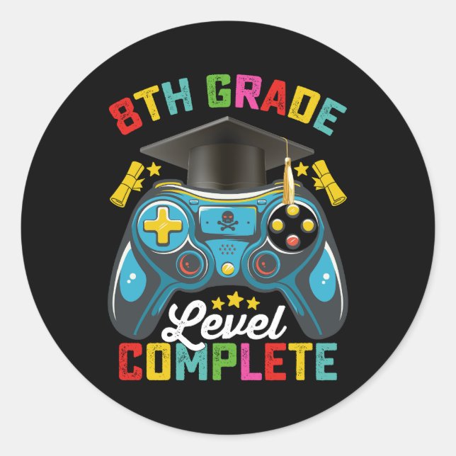 8th Grade Level Complete Graduation Gaming Gamer Classic Round Sticker (Front)