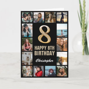 8th Happy Birthday Black and Gold Photo Collage Card