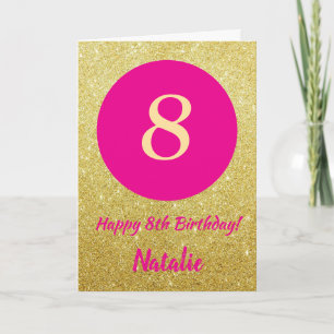 8th Happy Birthday Hot Pink and Gold Glitter Card
