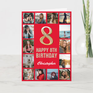 8th Happy Birthday Red and Gold Photo Collage Card