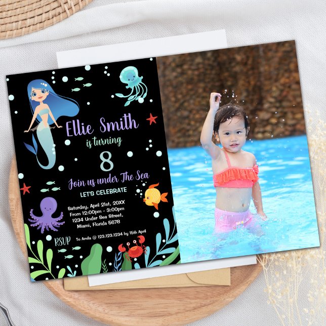 8th Mermaid Birthday Invitations with photo (8th Mermaid Birthday Invitations with photo)