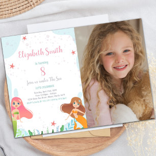 8th Mermaid Birthday Invitations with photo