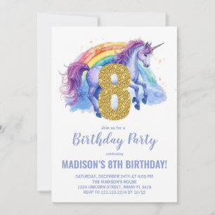 8th Rainbow Unicorn Birthday Invitations