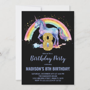 8th Rainbow Unicorn Birthday Invitations