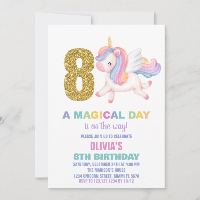 8th Rainbow Unicorn Birthday Invitations (Front)