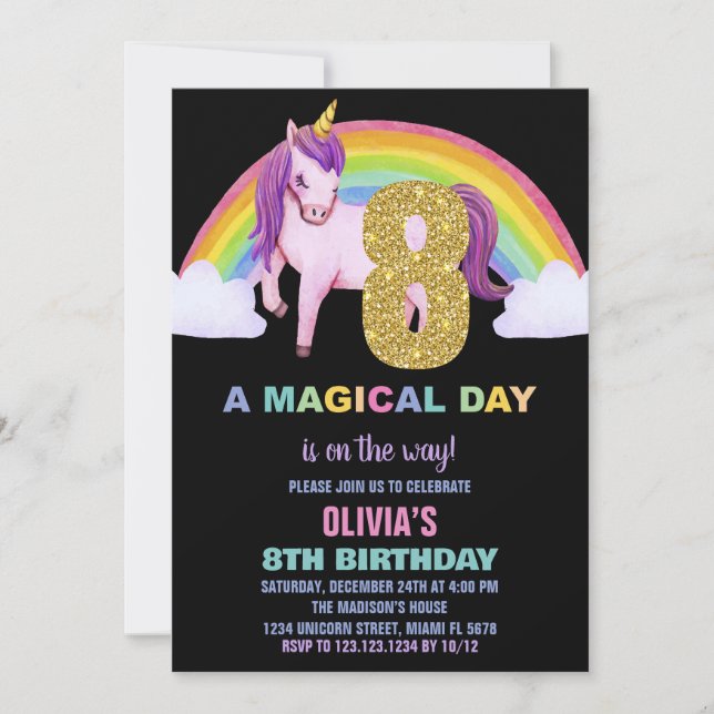 8th Rainbow Unicorn Birthday Invitations Glitter (Front)