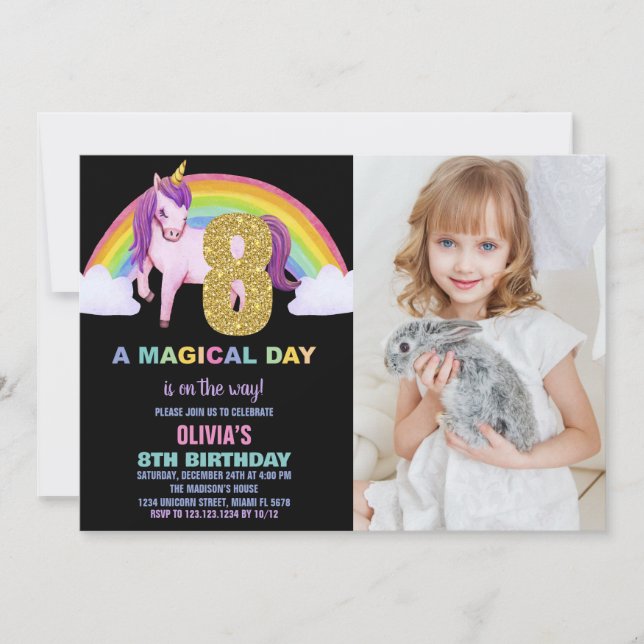 8th Rainbow Unicorn Birthday Invitations photo (Front)