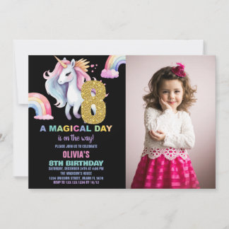 8th Rainbow Unicorn Birthday Invitations w photo