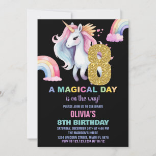 8th Rainbow Unicorn Birthday Invitations watercolo