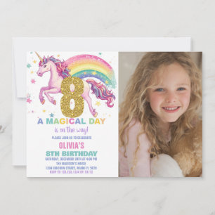 8th Unicorn Birthday Invitations with picture