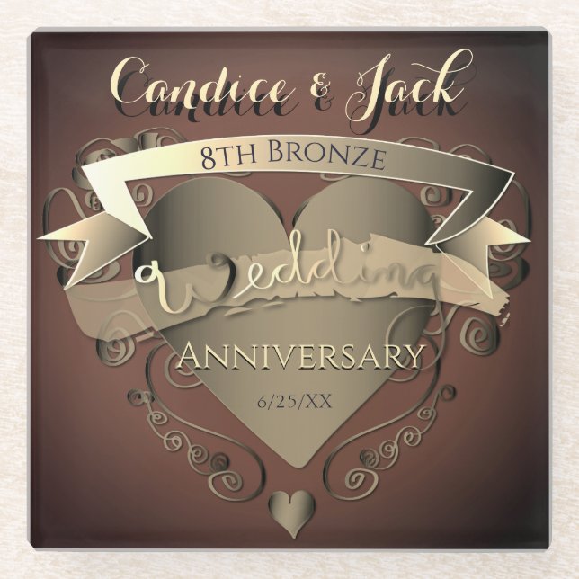8th Wedding Anniversary Bronze Glass Coaster (Front)