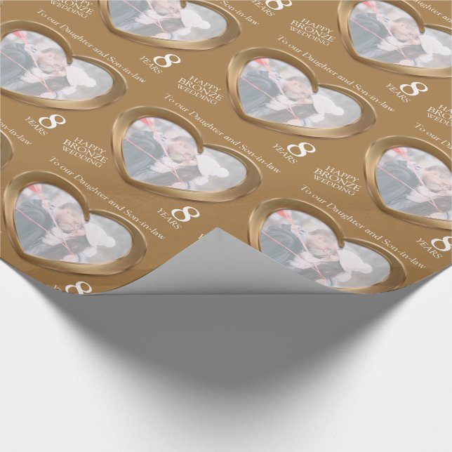 8th wedding anniversary bronze heart photo wrap wrapping paper (Corner)