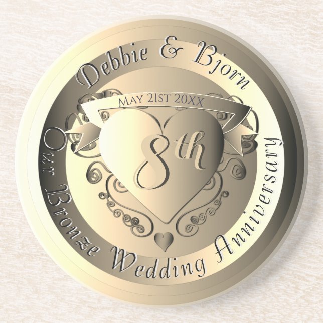 8th Wedding Anniversary Bronze Medallion Image Coaster (Front)