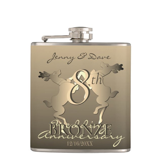 8th Wedding Anniversary Bronze Reindeer Hip Flask (Front)