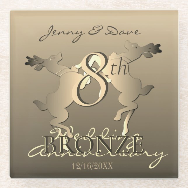 8th Wedding Anniversary Bronze w Reindeer Glass Coaster (Front)