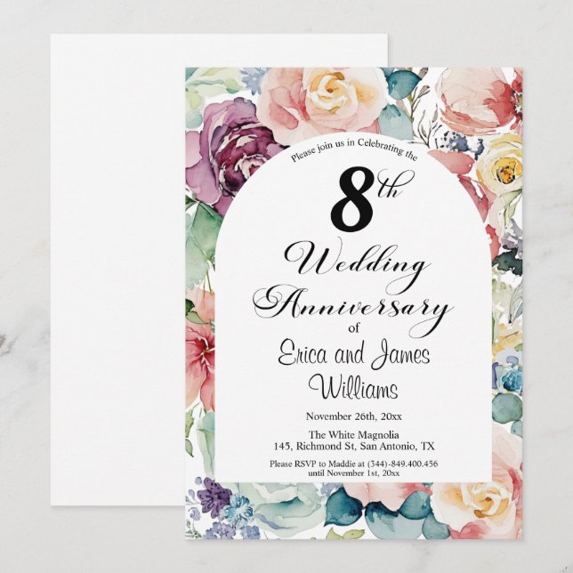 8th Wedding Anniversary Elegant Script Floral Invitation (Front/Back)
